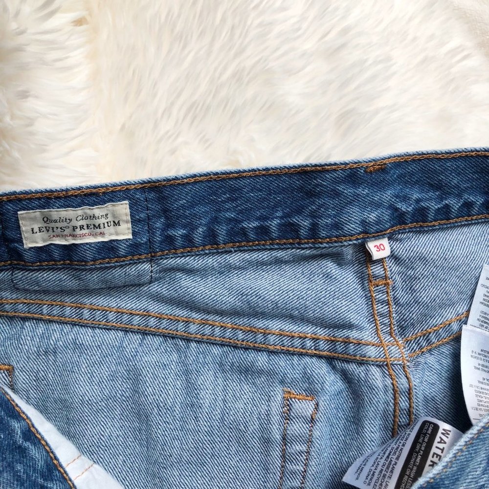 Levis Distressed High Rise Blue Jean Skirt with Raw Hem | 30 - Picture 7 of 11